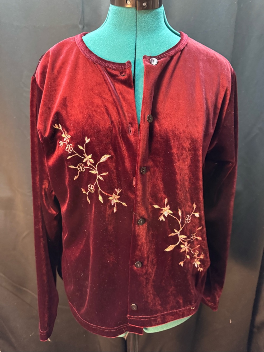 Velvet Floral Embroidered Button-Front Cardigan - Burgundy